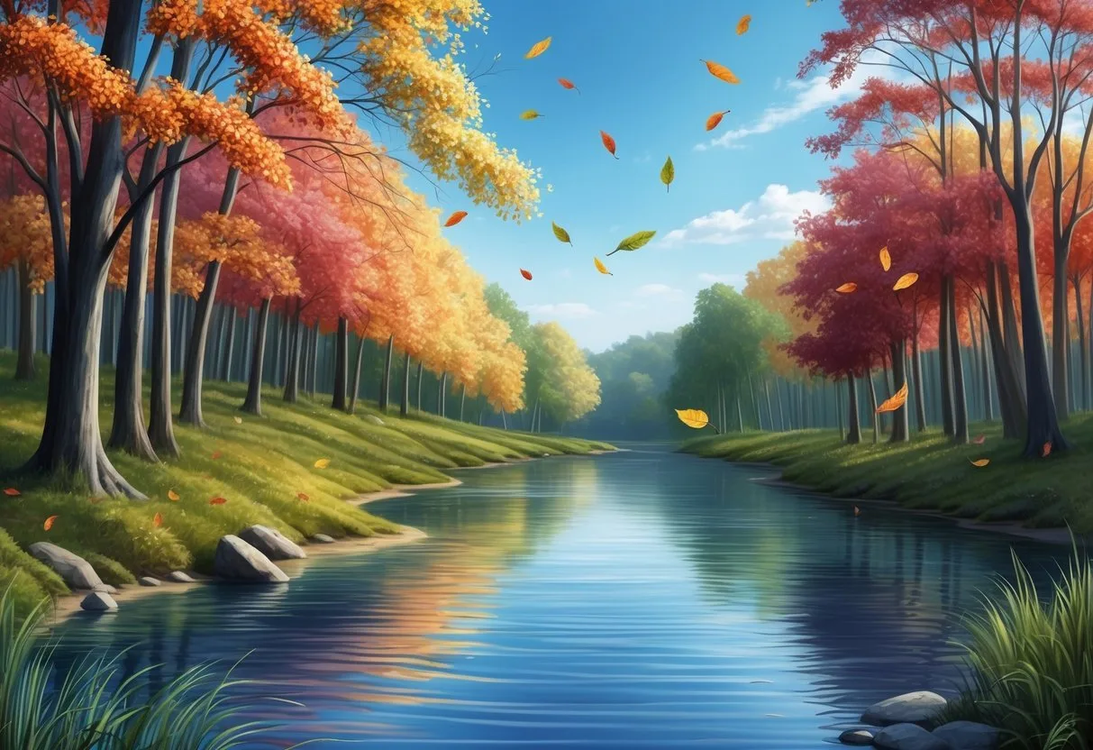 A serene forest with colorful leaves rustling in the wind, surrounded by calm, flowing water and a clear blue sky