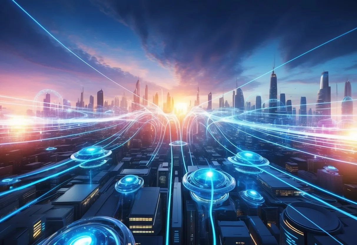 A futuristic cityscape with pulsating waves of light emanating from high-tech devices, creating a dynamic intersection of technology and vibration