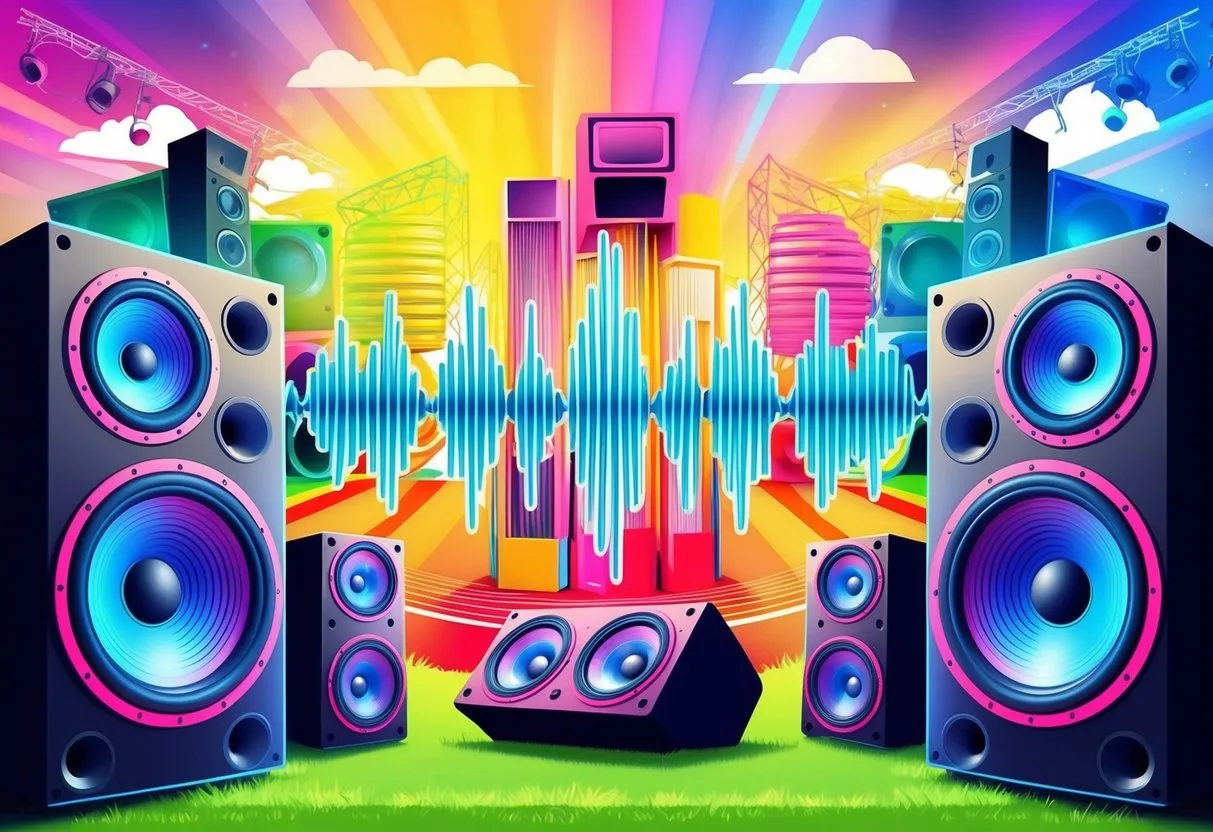 A vibrant music festival with speakers pulsating sound waves through the air, causing objects to vibrate in response to the powerful frequencies