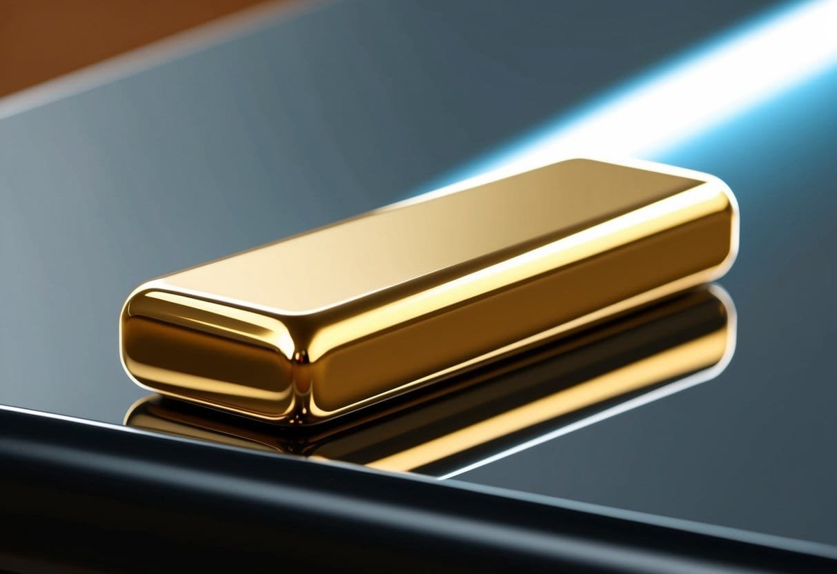 A gleaming gold titanium alloy bar sits on a polished black surface, catching the light and casting a warm, metallic glow