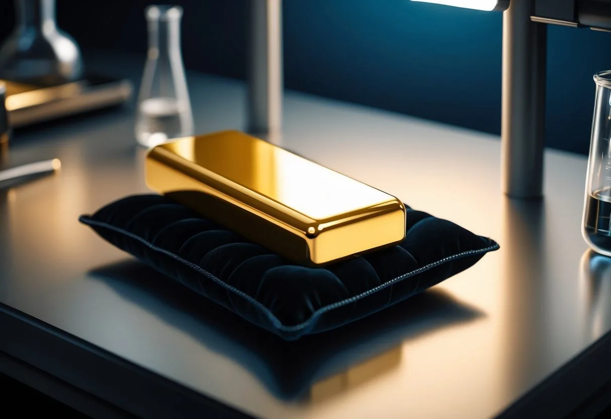 A gleaming gold titanium alloy bar rests on a black velvet cushion, catching the light in a dimly lit laboratory