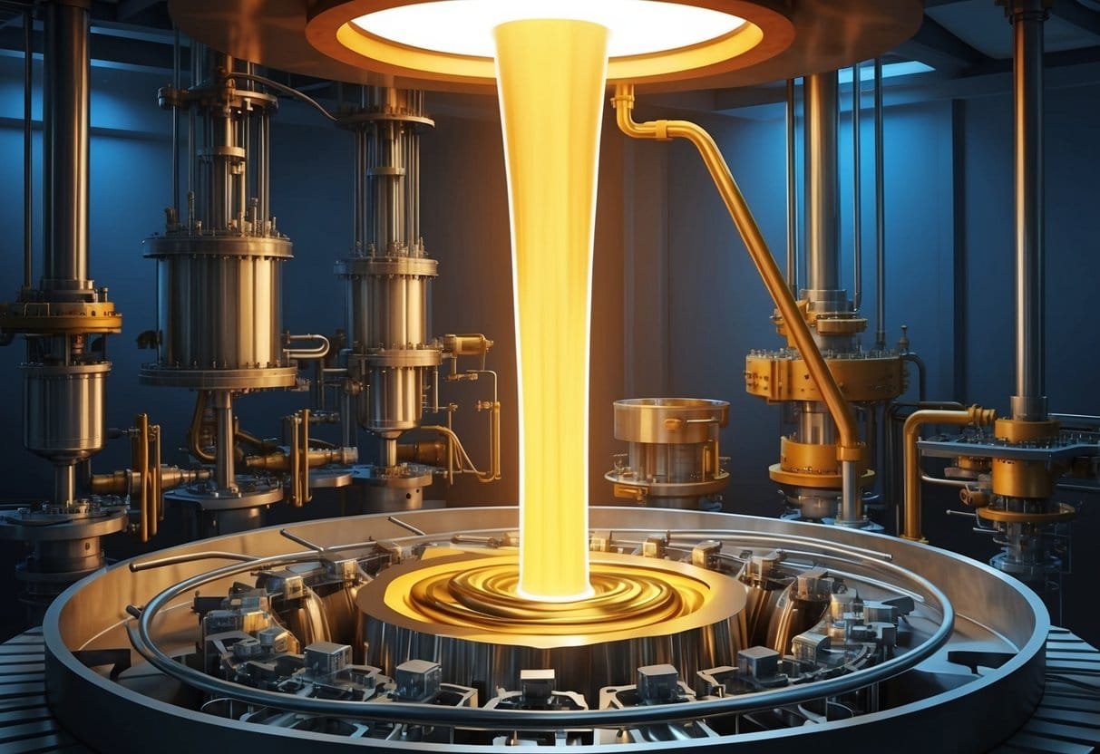 A glowing furnace casting light on a complex array of machinery, with molten gold titanium alloy being poured into intricate molds