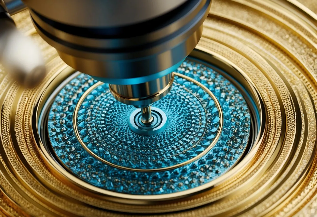 A close-up of a gold titanium alloy structure under a microscope with intricate patterns and textures