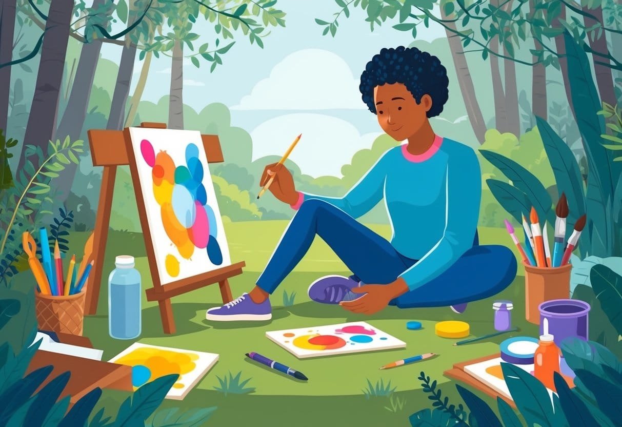 A person sitting in a peaceful, nature-filled setting, surrounded by art supplies and creating artwork as a form of mental health therapy