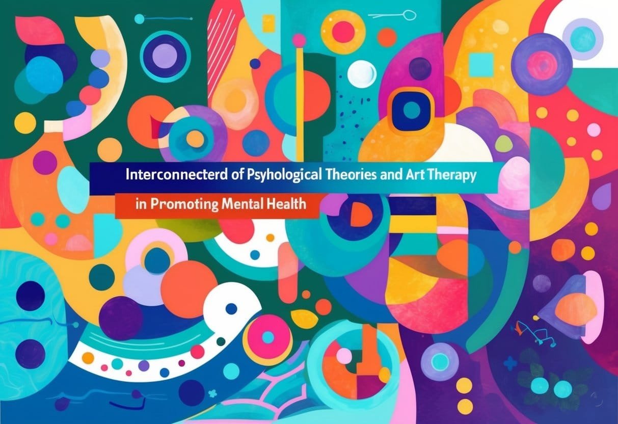 A colorful abstract painting with various shapes and patterns, representing the interconnectedness of psychological theories and art therapy in promoting mental health