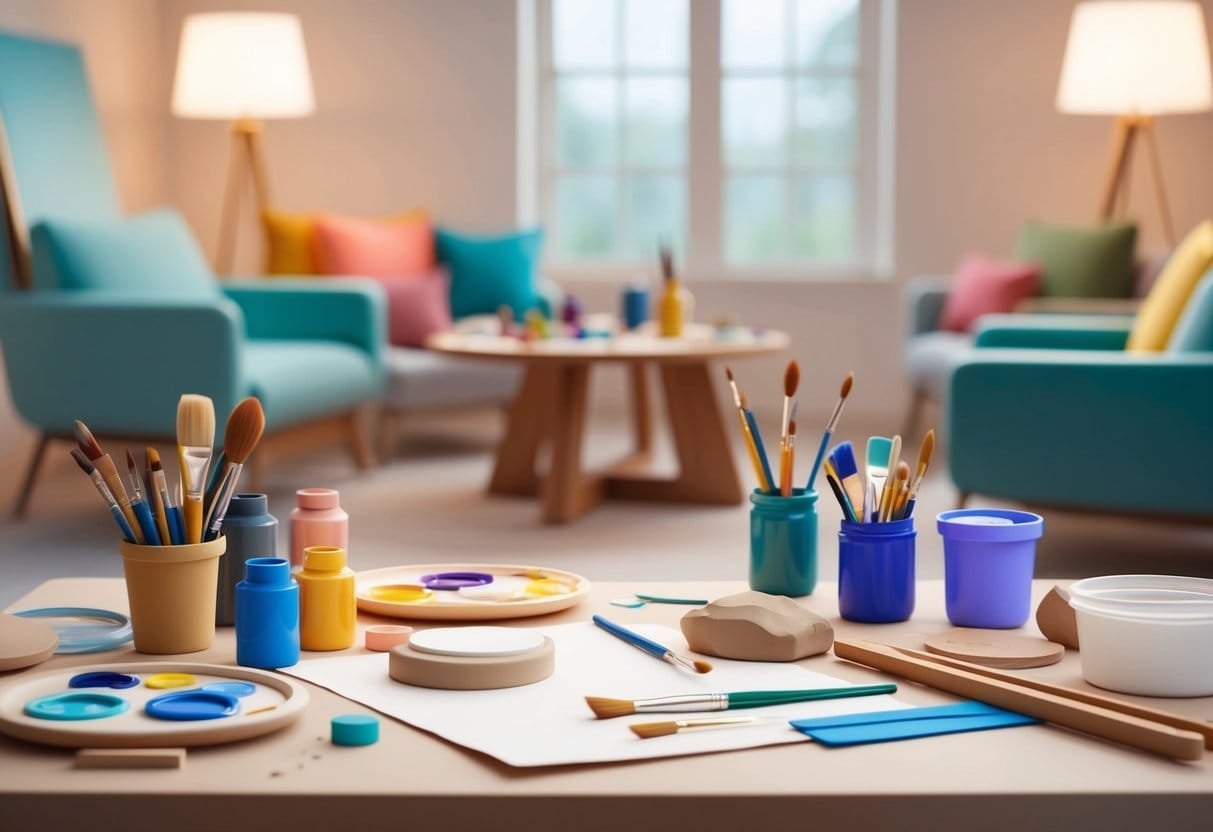 A variety of art supplies scattered on a table, including paint, brushes, clay, and paper.</p><p>A serene and inviting space with soft lighting and comfortable seating