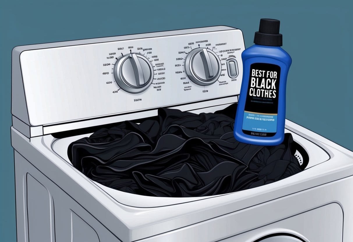 A washing machine filled with black clothes, with a dial set to adjust the water temperature, and a bottle of detergent labeled "best for black clothes."