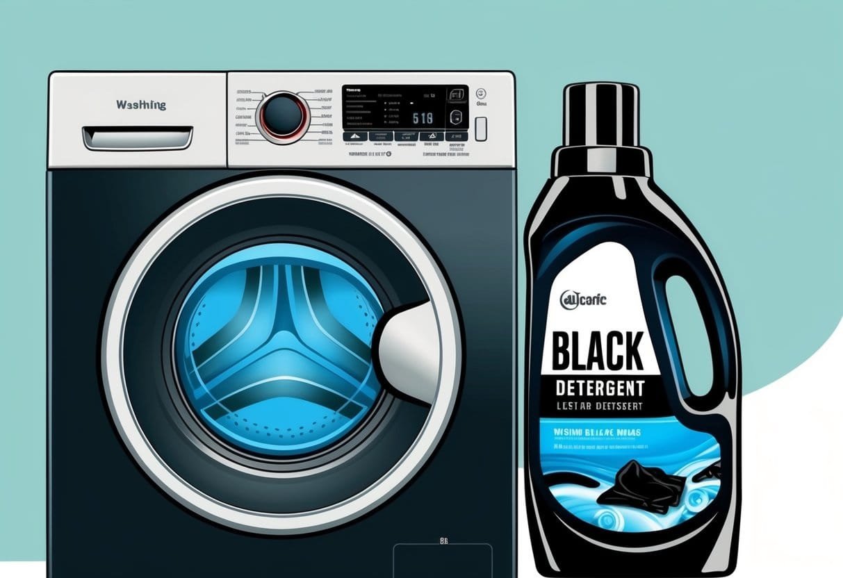 A washing machine with a bottle of black clothes detergent next to it