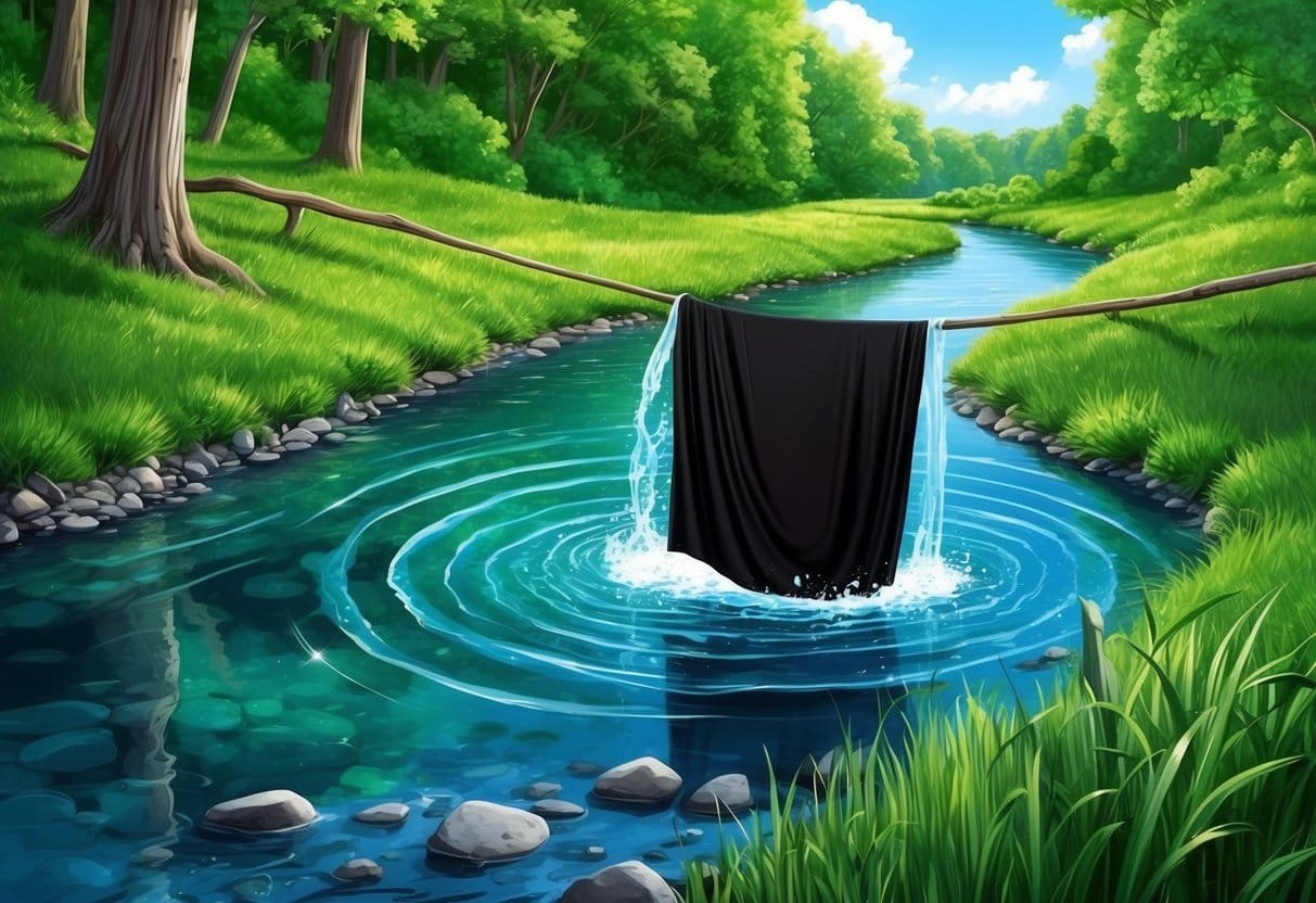 A clear stream flowing through a lush green forest, with a black garment being gently washed in the water