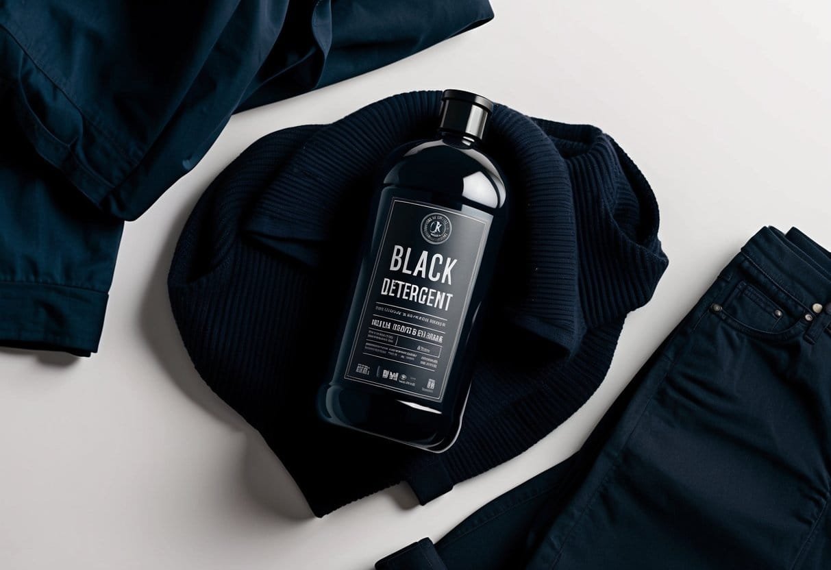 A bottle of black detergent surrounded by dark-colored clothing on a clean, white background