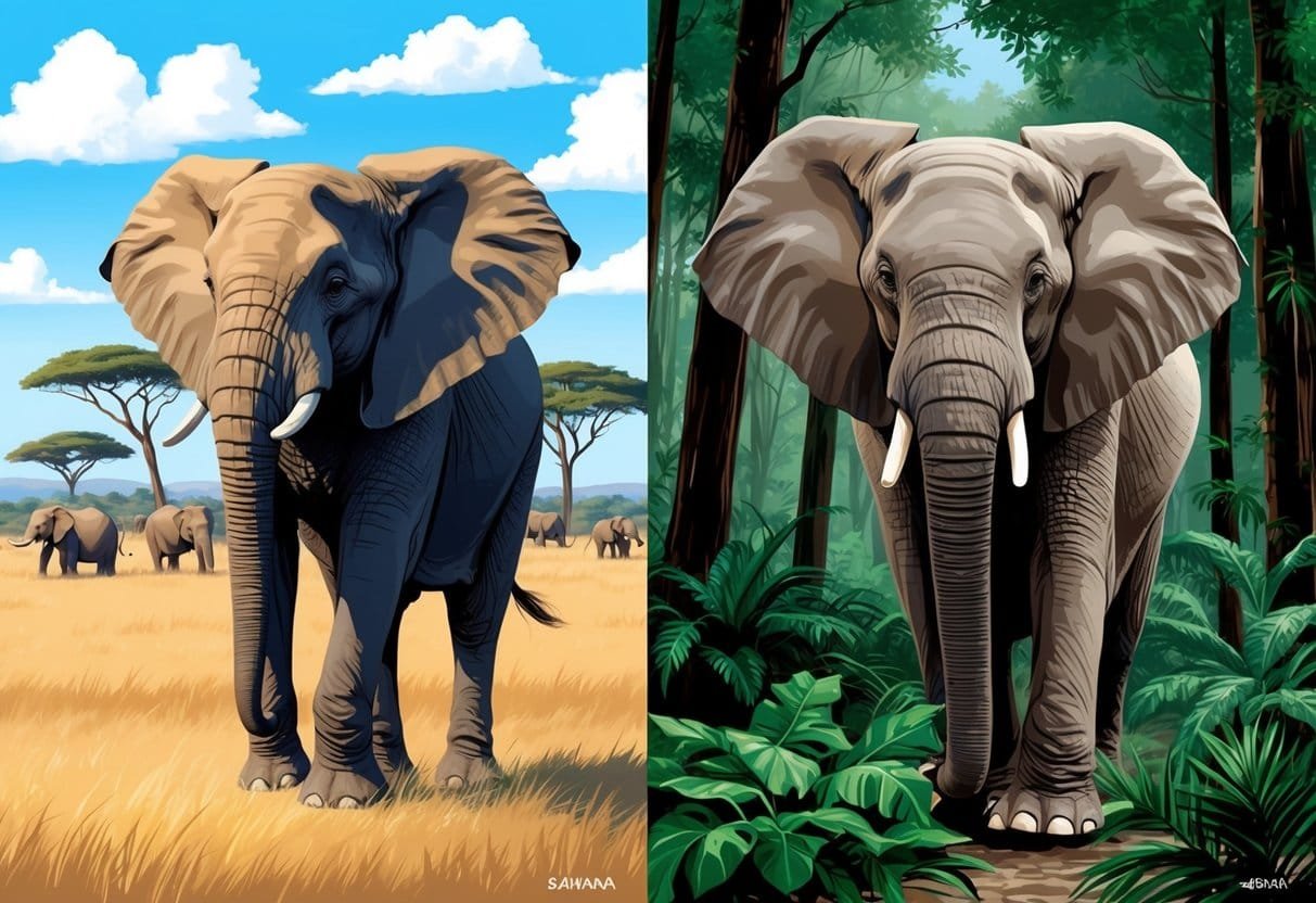 Two species of elephants in their natural habitats: the African elephant in the savanna and the Asian elephant in the dense forest