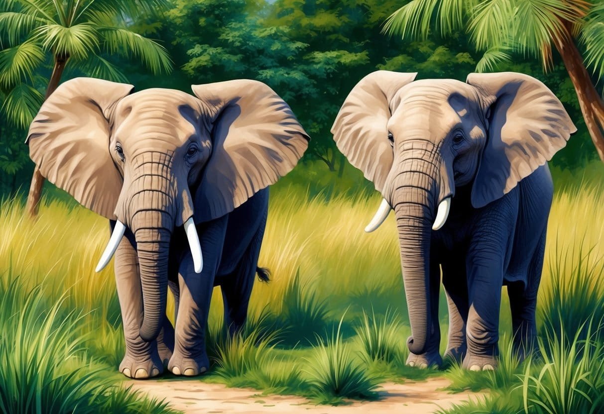 An African elephant and an Asian elephant standing side by side in their natural habitats, surrounded by lush greenery and tall grasses