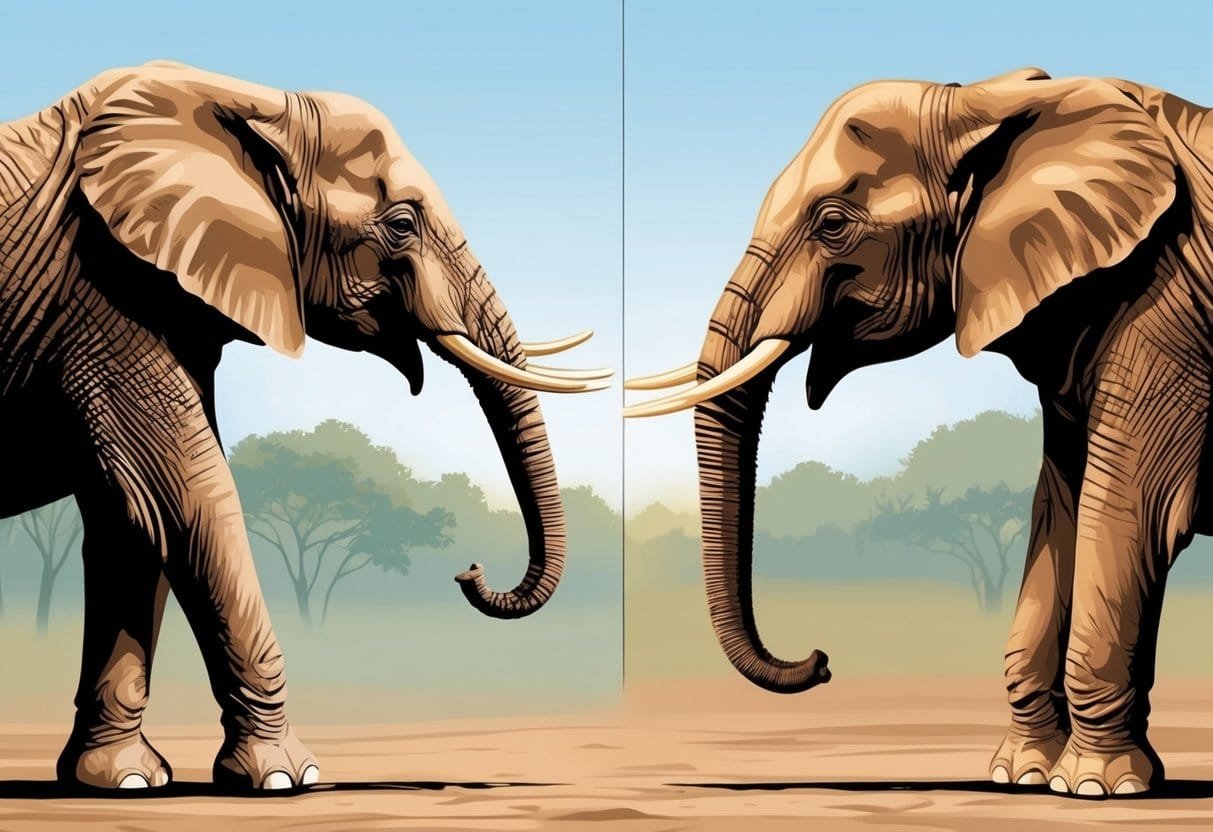 Two species of elephants facing off in a conflict: the African elephant and the Asian elephant