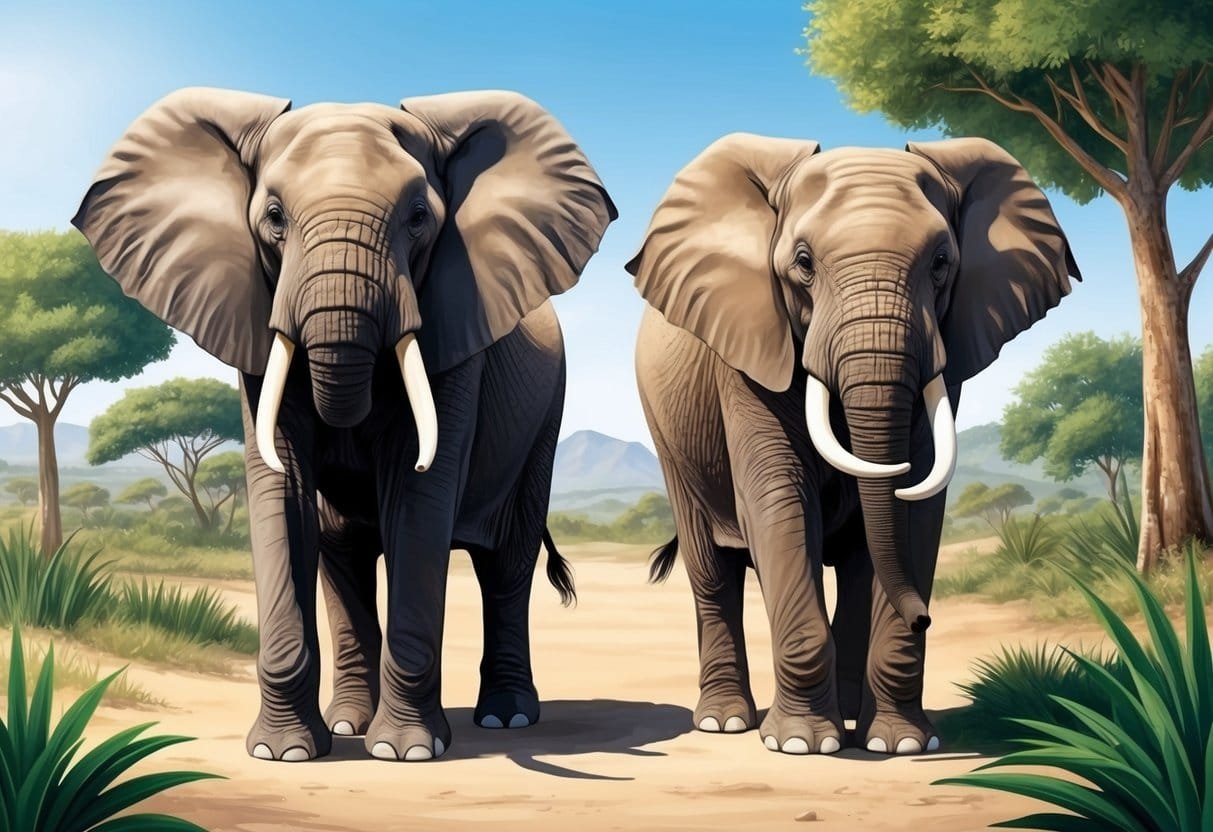 One African elephant and one Asian elephant standing side by side in a natural habitat, with distinct differences in their size, ears, and tusks