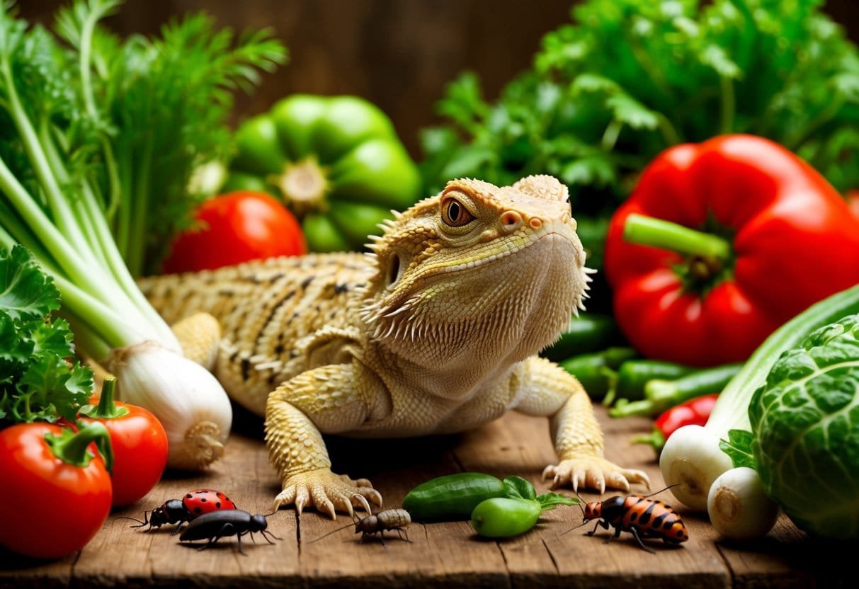 A bearded dragon surrounded by a variety of fresh vegetables and insects in its habitat