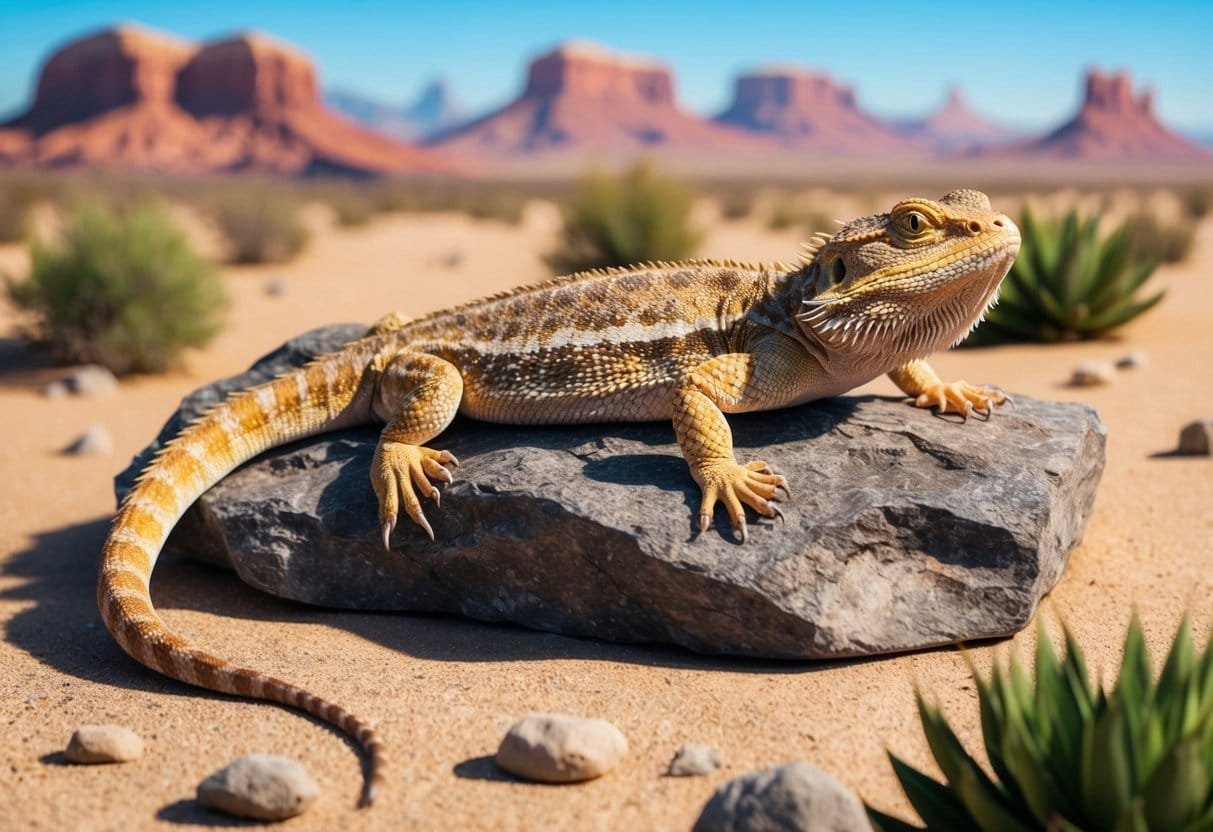 A bearded dragon basking on a rocky outcrop in a desert landscape