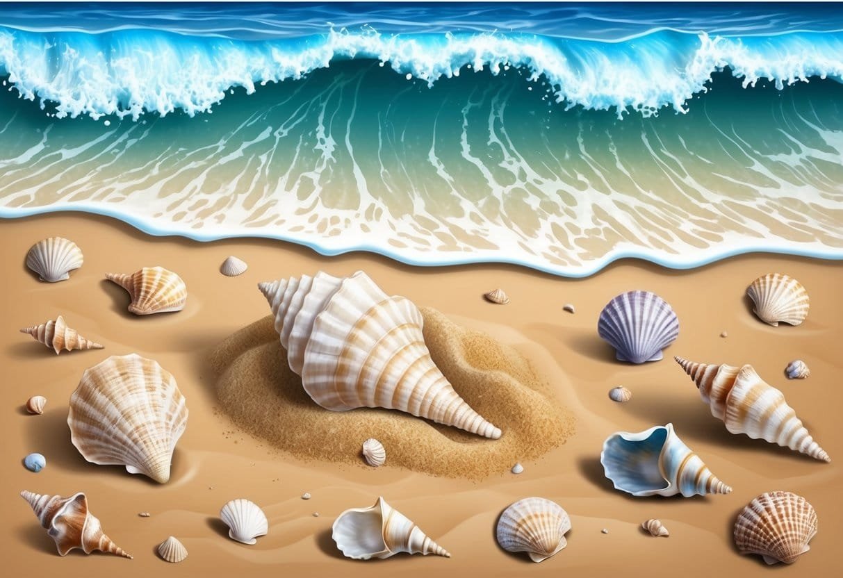 A sandy beach with waves crashing, a variety of seashells scattered across the shore, and a conch shell nestled in the sand