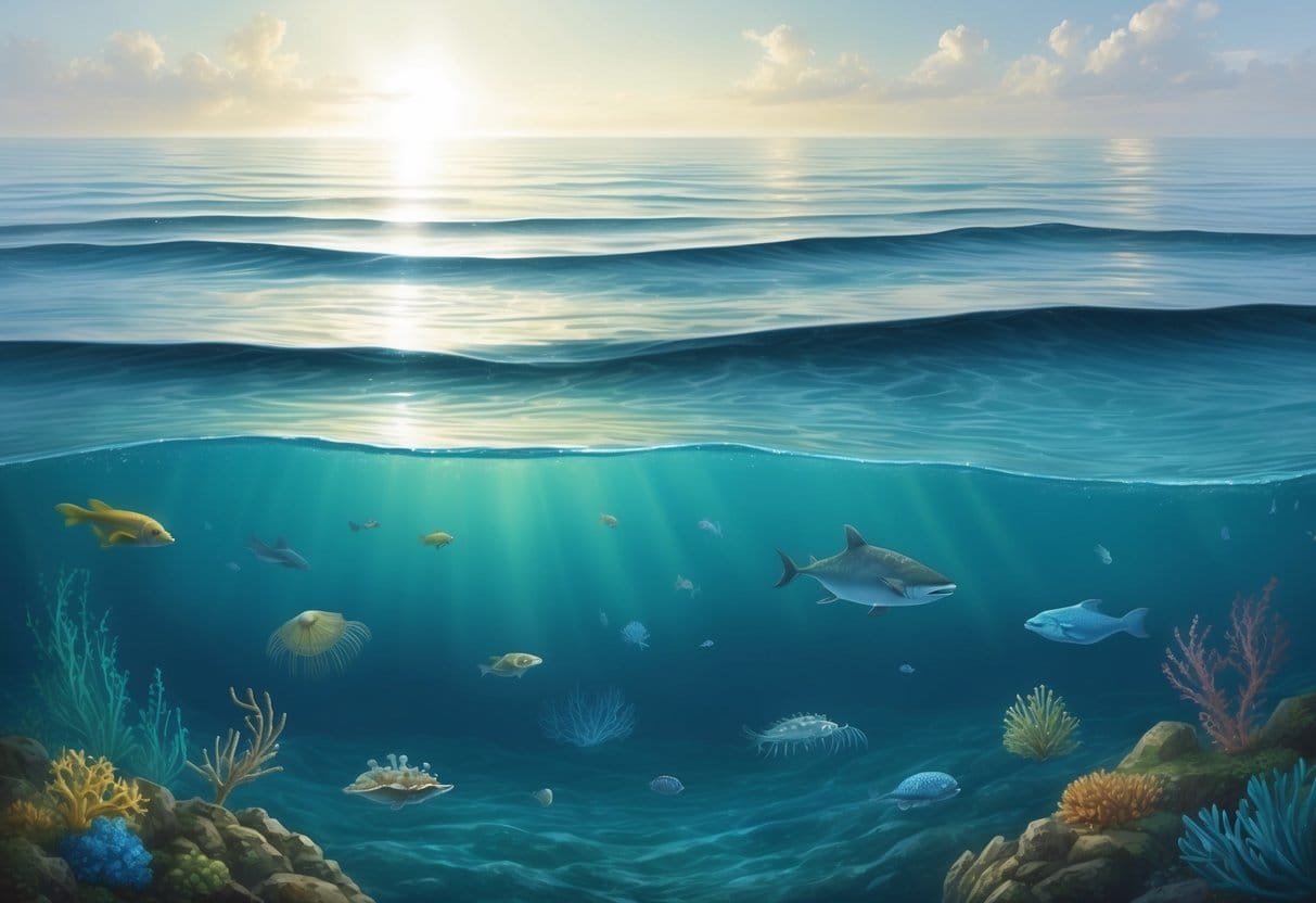 A calm ocean with gentle waves, sunlight filtering through the water, and various marine organisms floating and swimming around