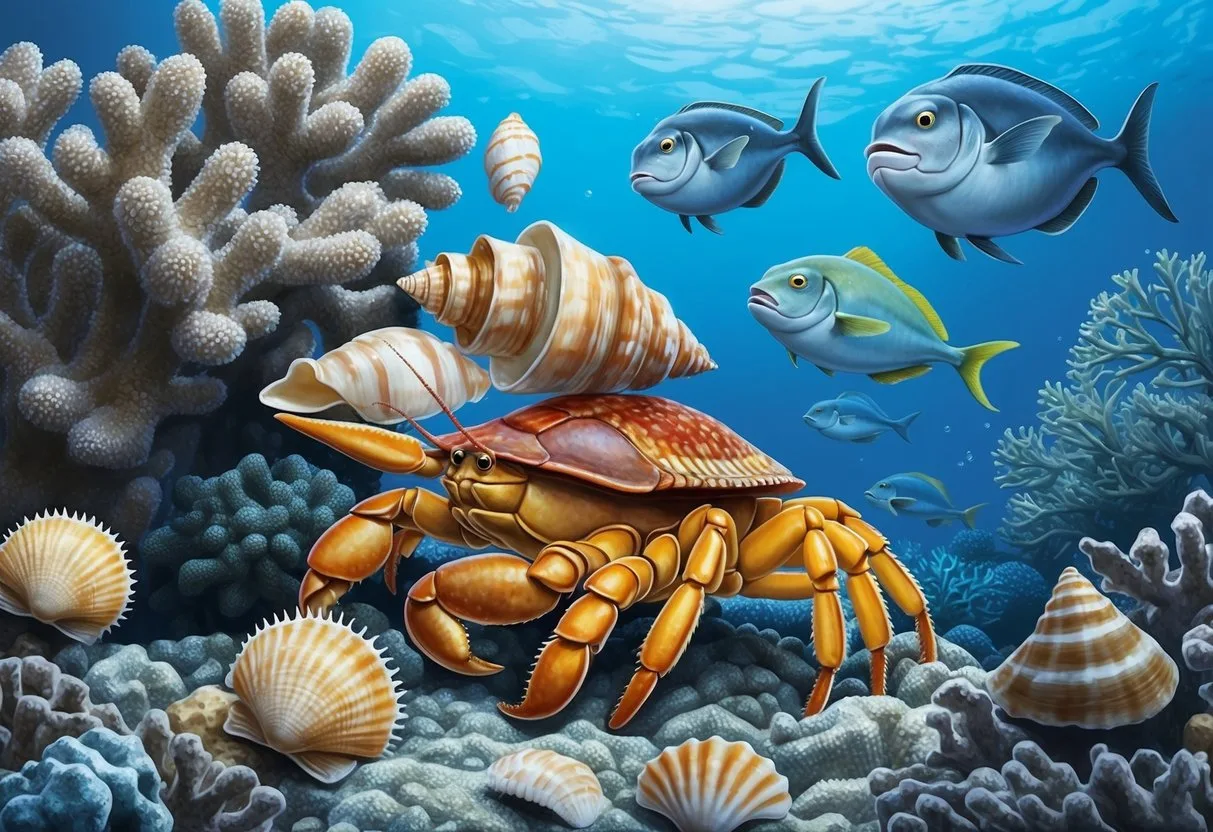 A hermit crab crawls among coral, collecting discarded seashells to use as a protective home. Other marine life swim around, observing the process