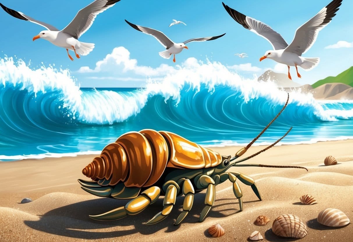 A hermit crab scuttles along the sandy shore, its shell glistening in the sunlight.</p><p>Waves crash in the background, as seagulls circle overhead