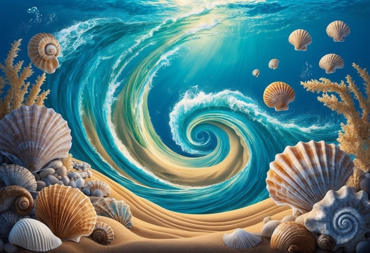 Underwater scene with swirling currents, swirling sand, and calcium carbonate deposits forming into intricate seashells