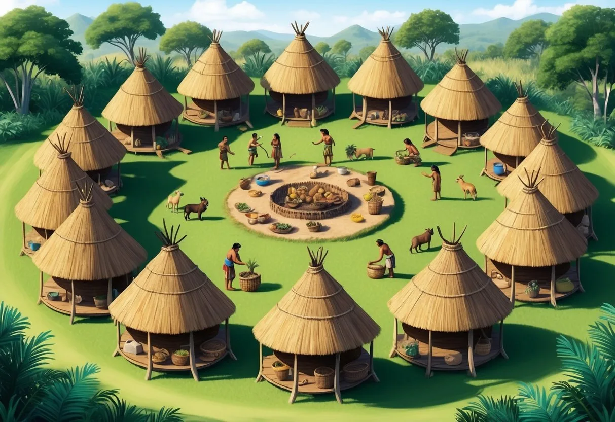 A circle of tribal huts arranged around a central communal space, with people engaged in various activities such as cooking, crafting, and tending to animals