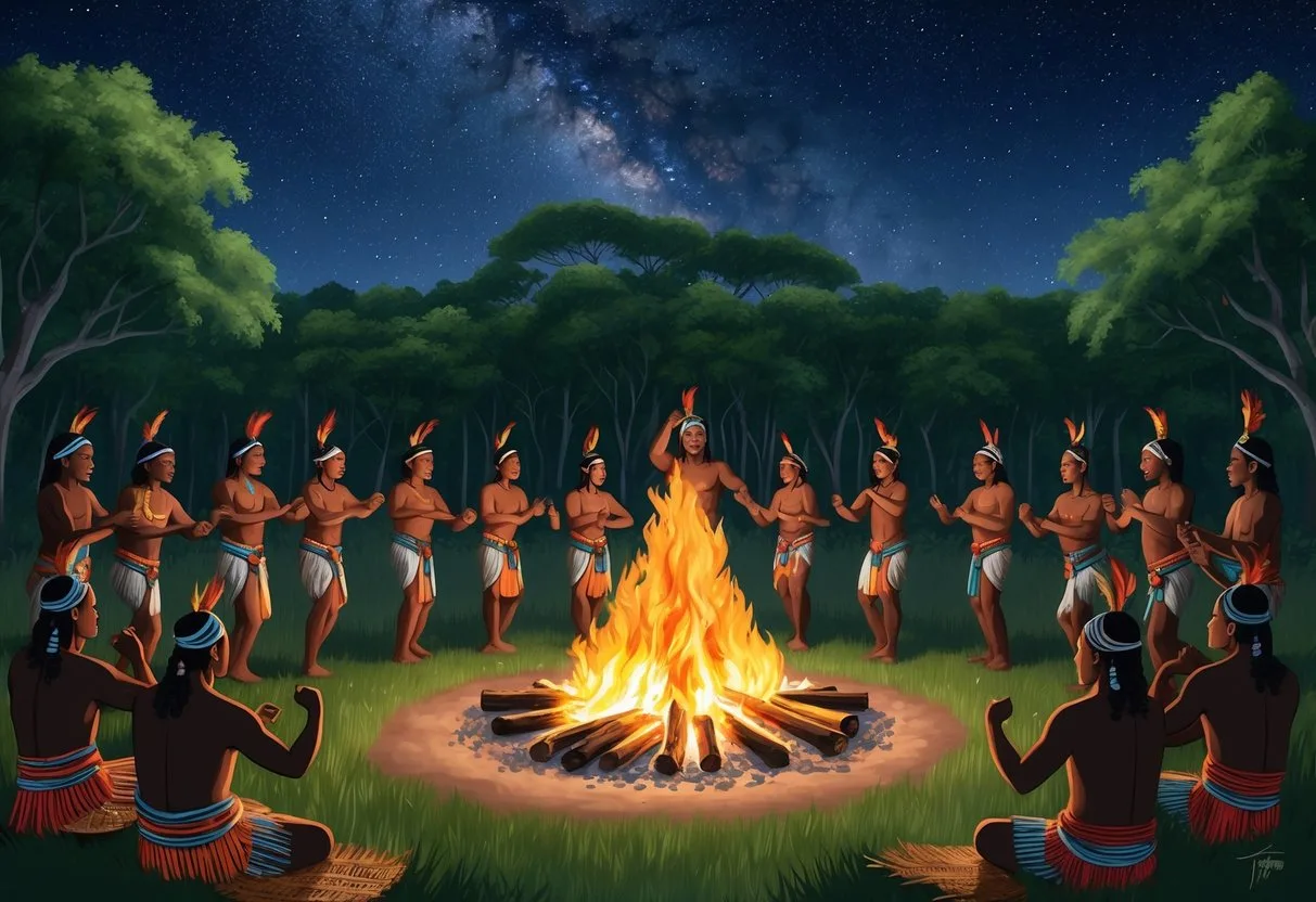 A group of Amazon tribespeople gather around a large bonfire, performing traditional dances and rituals under the starry night sky