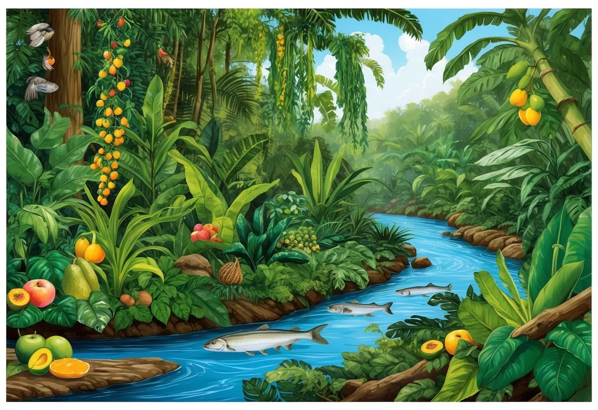 A lush Amazon rainforest with diverse plants, fruits, and animals. A river flows nearby, providing fish and water for the tribe's diet and subsistence