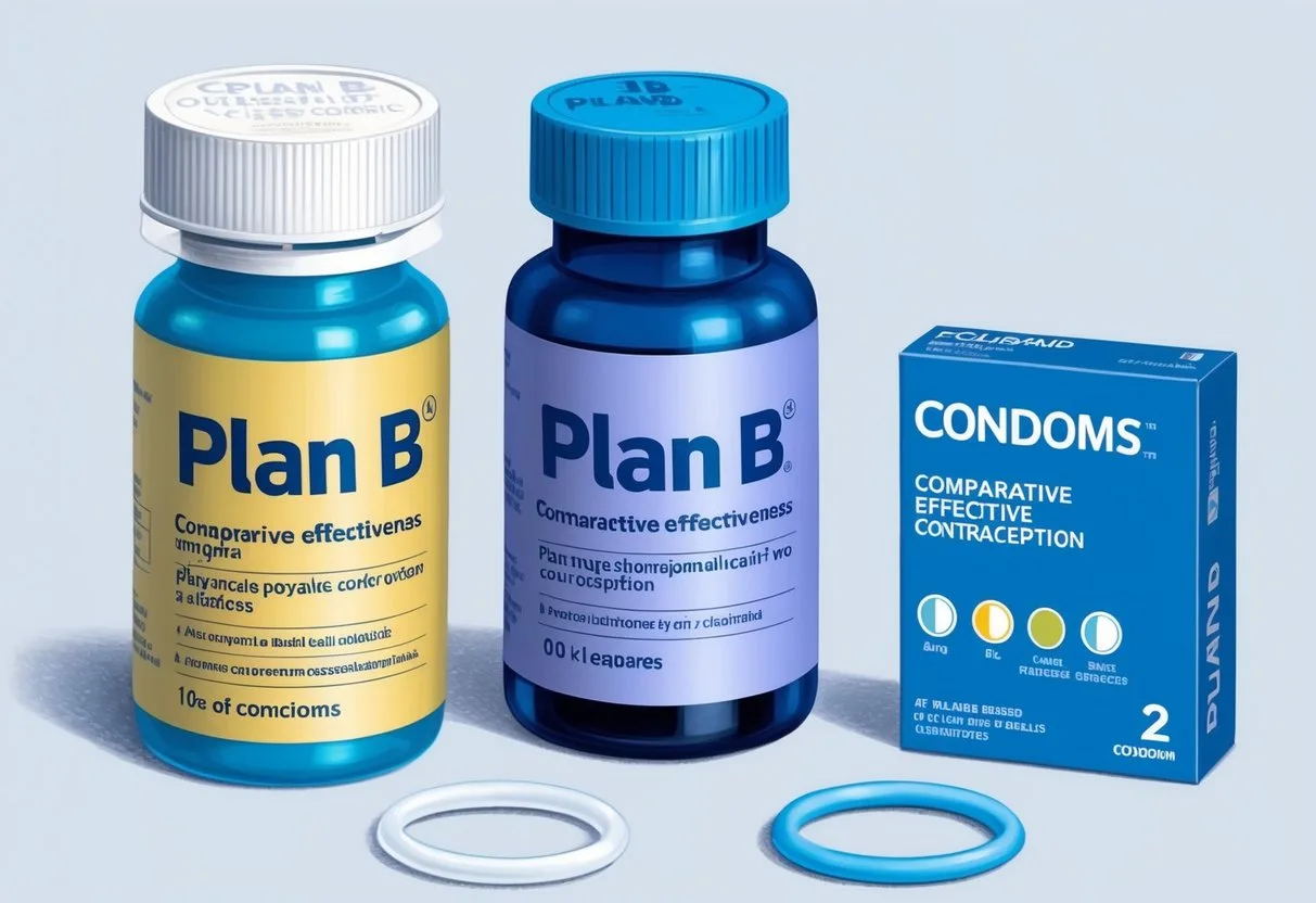 A pill bottle labeled "Plan B" sits next to a box of condoms. A chart shows comparative effectiveness of various contraception methods
