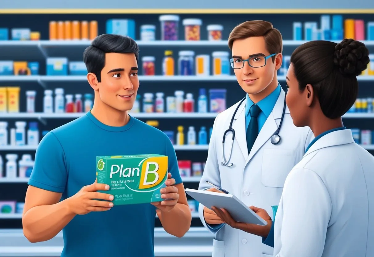 A man holding a box of Plan B while speaking with a pharmacist. The pharmacist is explaining the risks and prevention of STIs