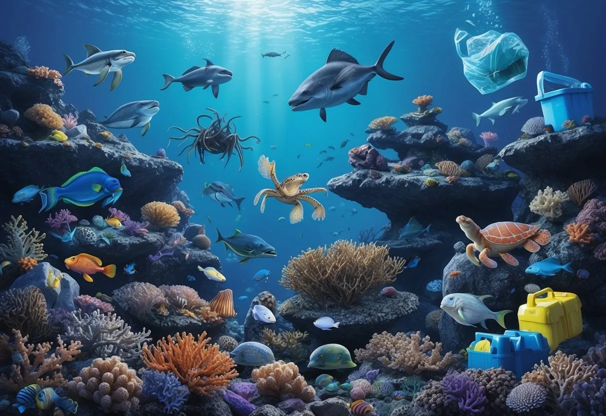 A variety of deep-sea creatures coexist among coral and rock formations, while plastic waste and pollution pose challenges to the marine ecosystem