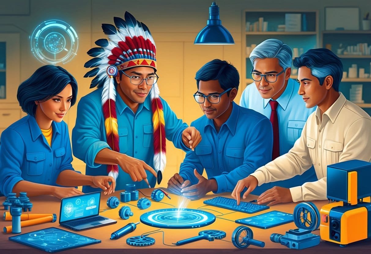 A group of Native American scientists and engineers collaborating on innovative projects, surrounded by advanced technology and engineering tools