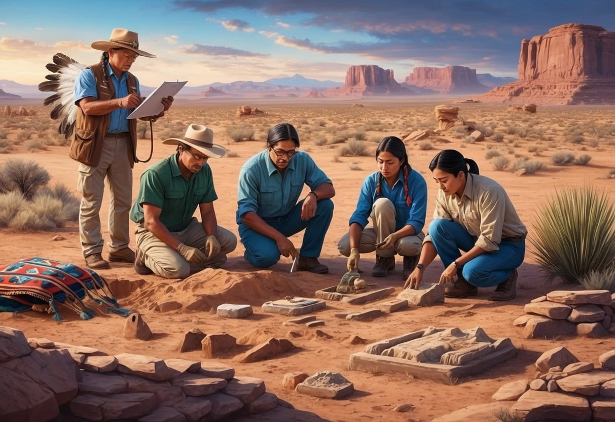 A group of Native American scientists excavating artifacts and studying ancient remains in a desert landscape