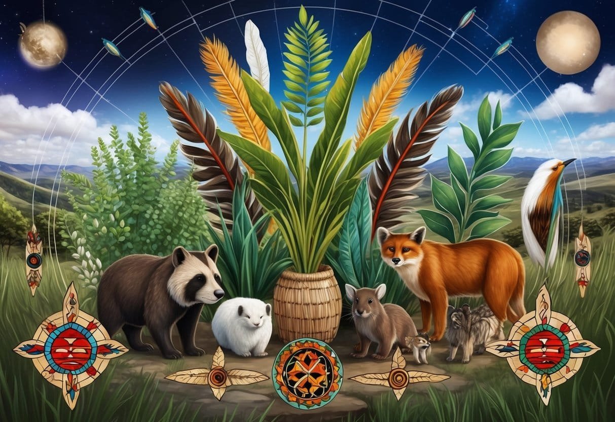 A group of native plants and animals surrounded by traditional indigenous symbols, with a backdrop of natural landscapes and celestial bodies