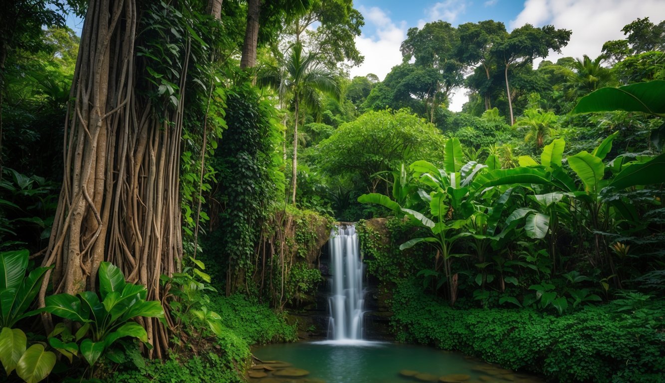 A jungle clearing with thick vines, towering trees, and a small waterfall surrounded by lush greenery