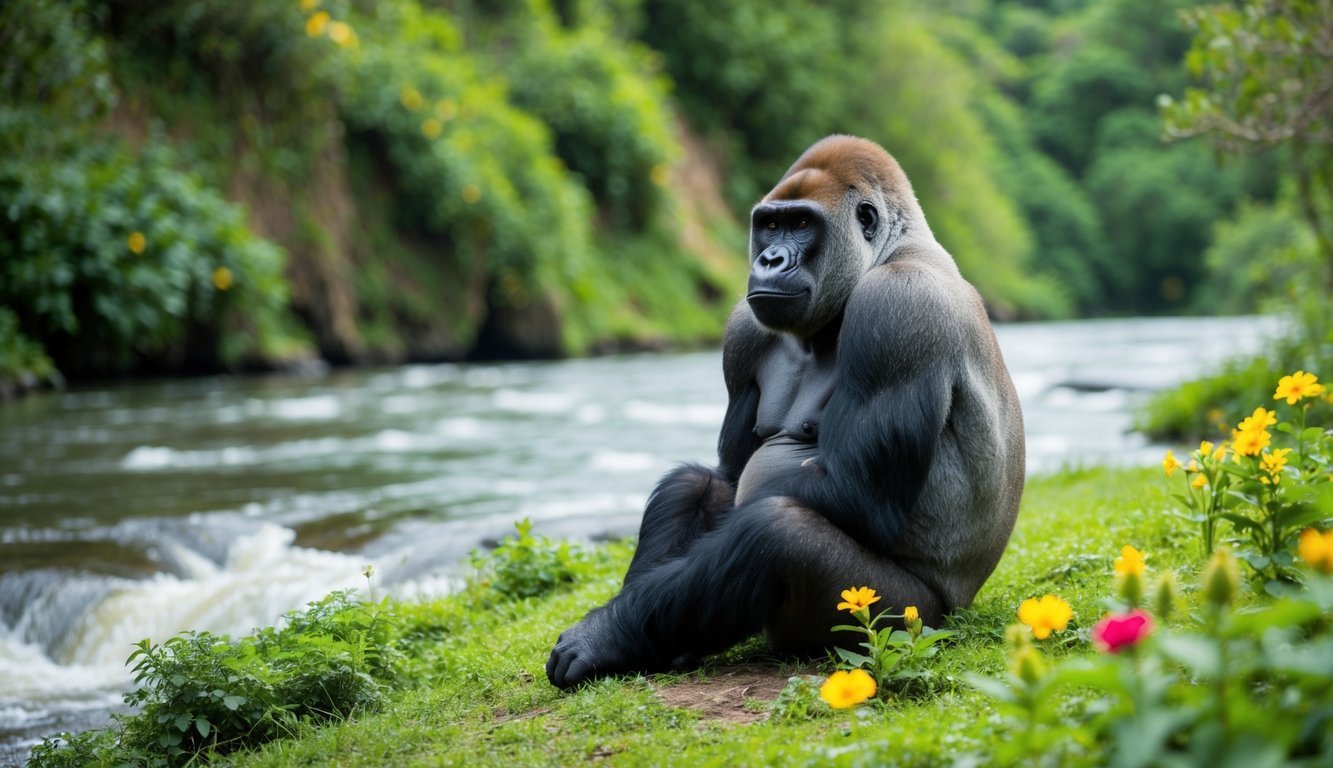 A gorilla peacefully sitting by a flowing river, surrounded by lush greenery and vibrant flowers