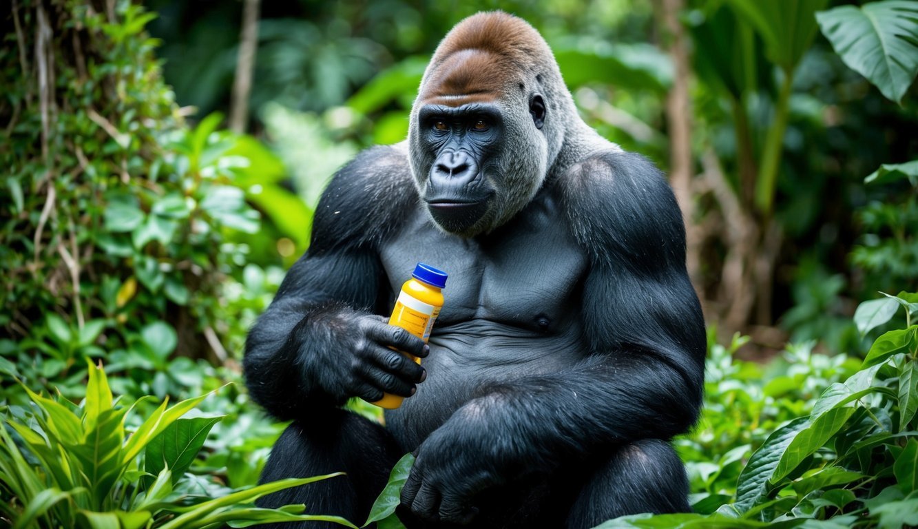 A gorilla sitting in a lush jungle, surrounded by various plants and holding a supplement bottle