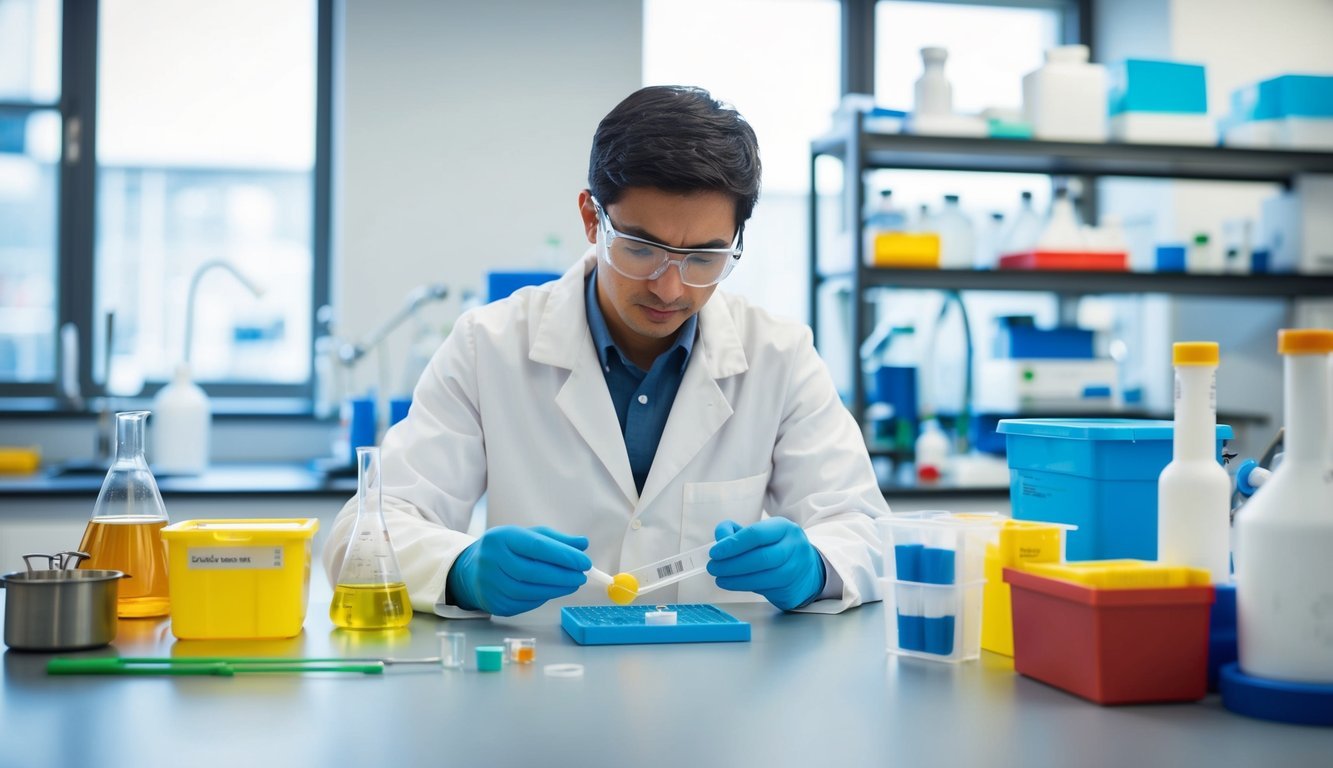 A scientist in a lab coat carefully measures and mixes various chemical compounds in a modern laboratory setting.</p><p>Equipment and tools are neatly organized on the lab bench