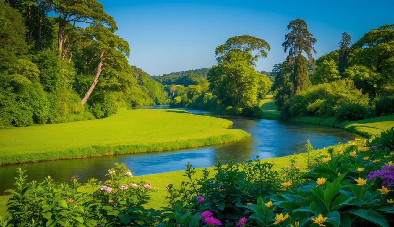 A serene, lush green landscape with a winding river, surrounded by vibrant flowers and towering trees, under a clear blue sky