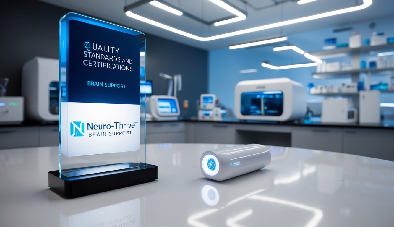 A sleek, modern laboratory setting with futuristic equipment and a prominent display of the "Quality Standards and Certifications Neuro-Thrive Brain Support" logo