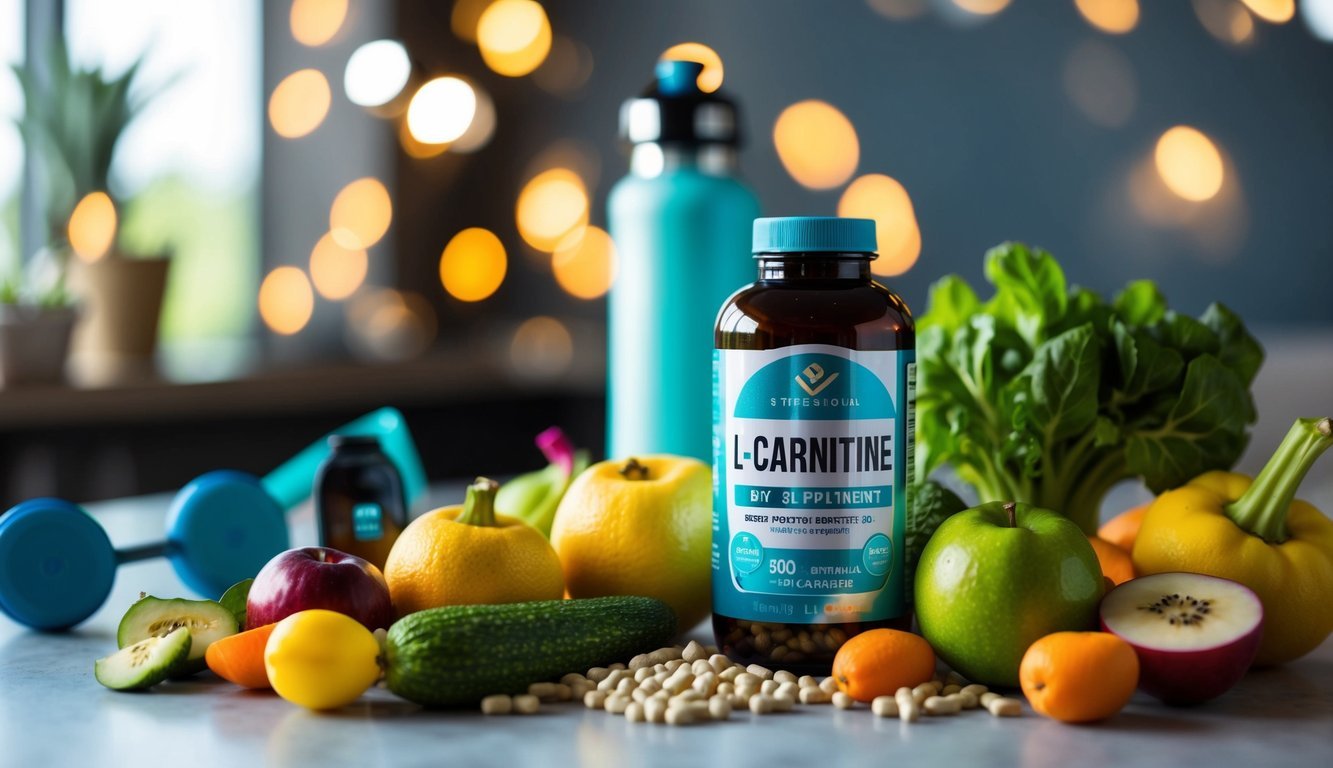 A bottle of L-Carnitine supplement surrounded by various fruits and vegetables, with a fitness tracker and a water bottle in the background