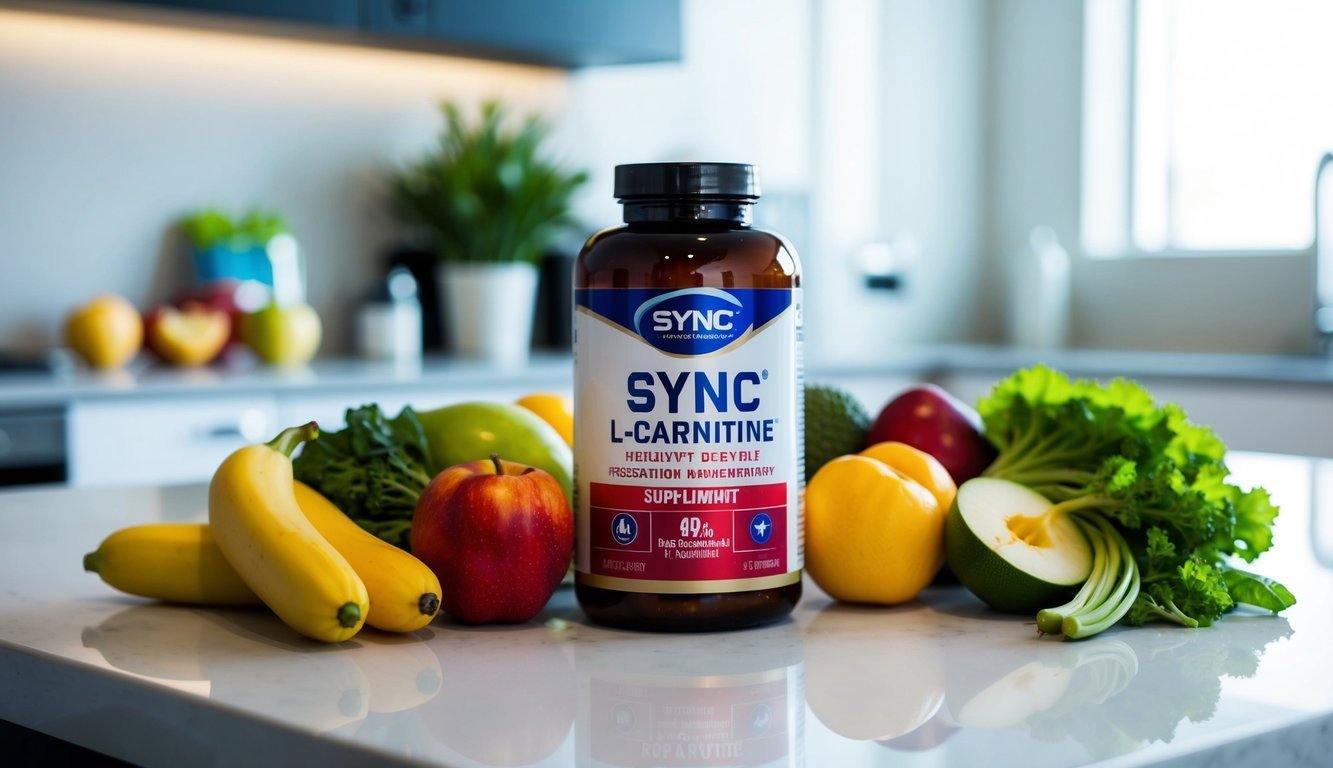 A bottle of Sync L-Carnitine sits on a sleek, modern countertop surrounded by fresh fruits and vegetables, symbolizing the benefits of supplementation for a healthy lifestyle