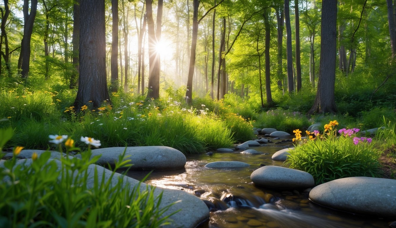 A serene forest clearing with dappled sunlight filtering through the trees, highlighting a cluster of vibrant wildflowers and a small stream flowing gently over smooth stones