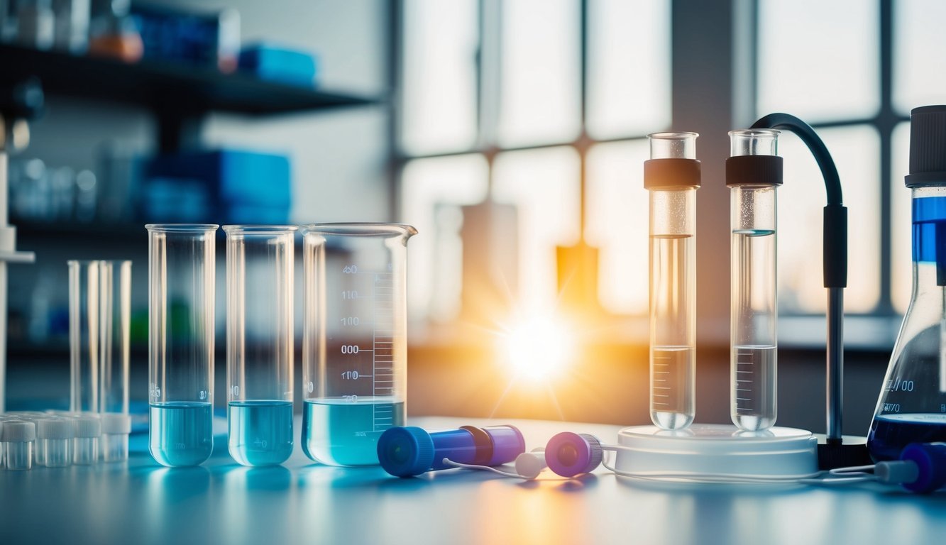 A laboratory setting with beakers, test tubes, and scientific equipment, with a focus on a glowing substance representing energy production and metabolic benefits