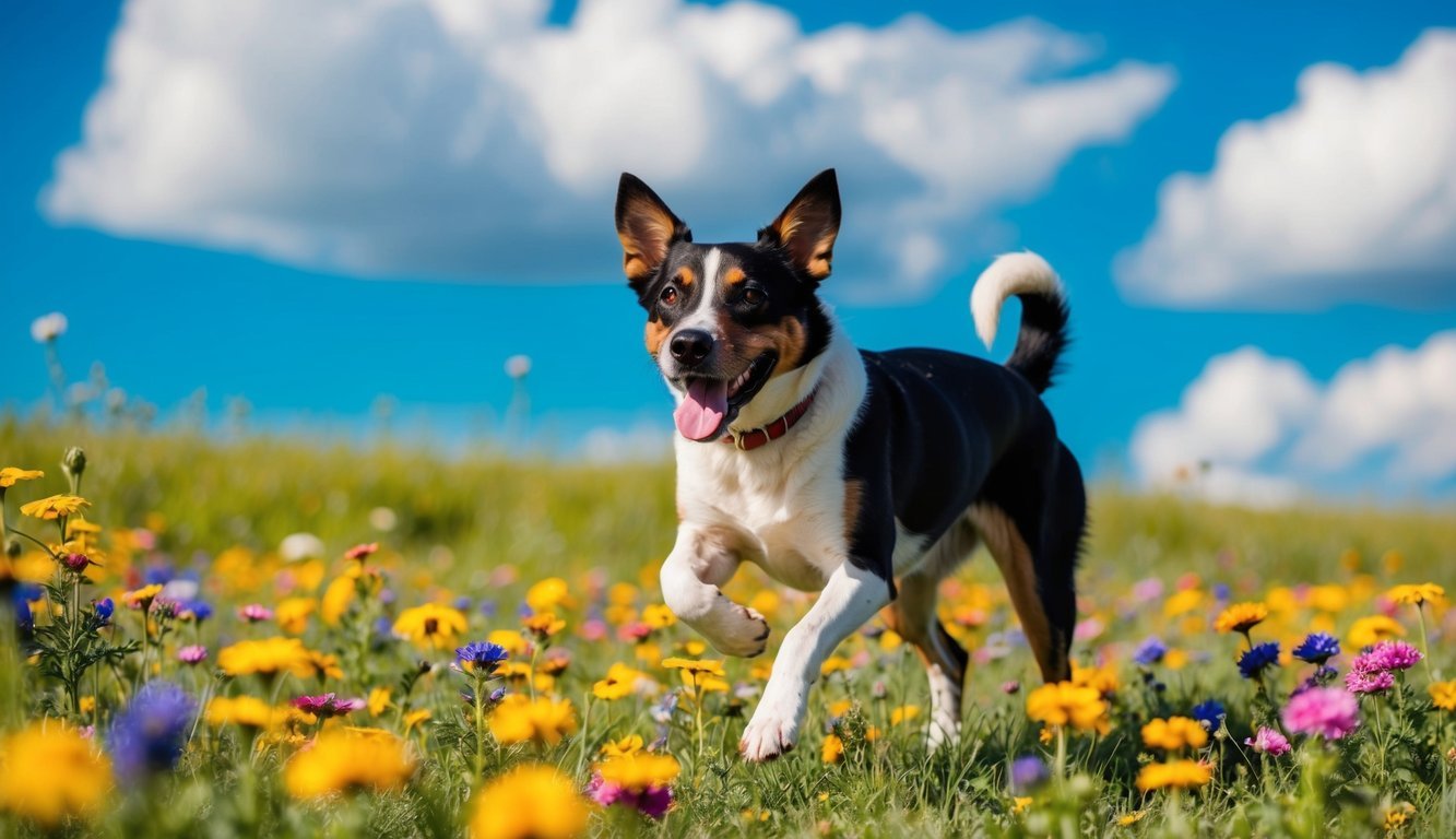 A happy dog running through a field of colorful wildflowers, with a bright blue sky and fluffy white clouds in the background