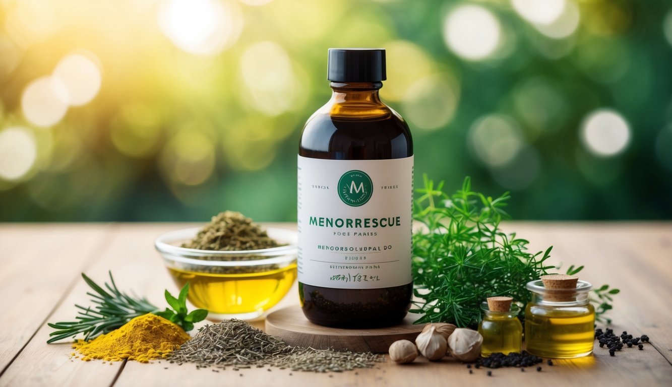 A bottle of MenoRescue surrounded by various natural herbs and ingredients, with a serene and calming background