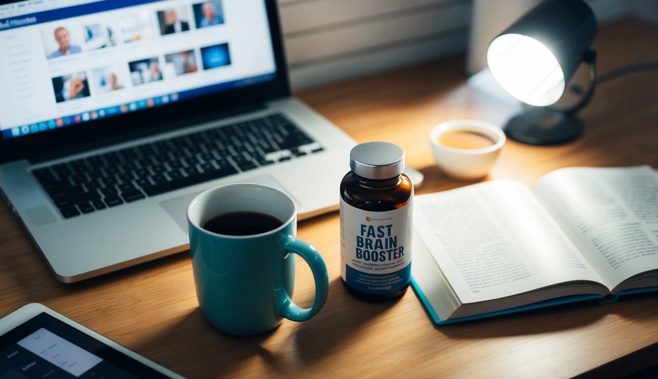 A cluttered desk with a laptop, coffee mug, and open book on brain health.</p><p>A bright light shines on a bottle of "Fast Brain Booster" supplements