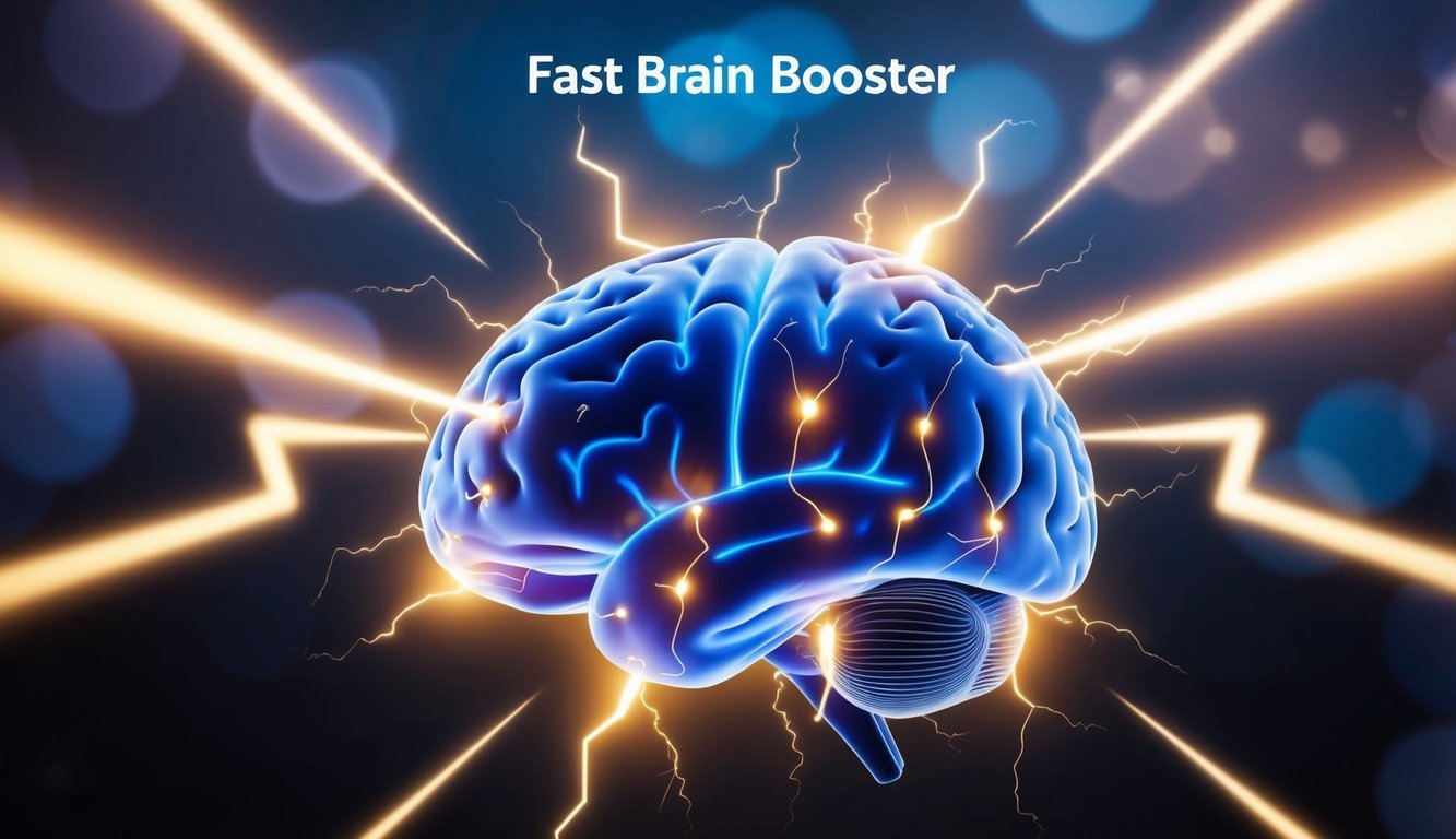 A brain surrounded by glowing neurons and lightning bolts, with the word "Fast Brain Booster" above it