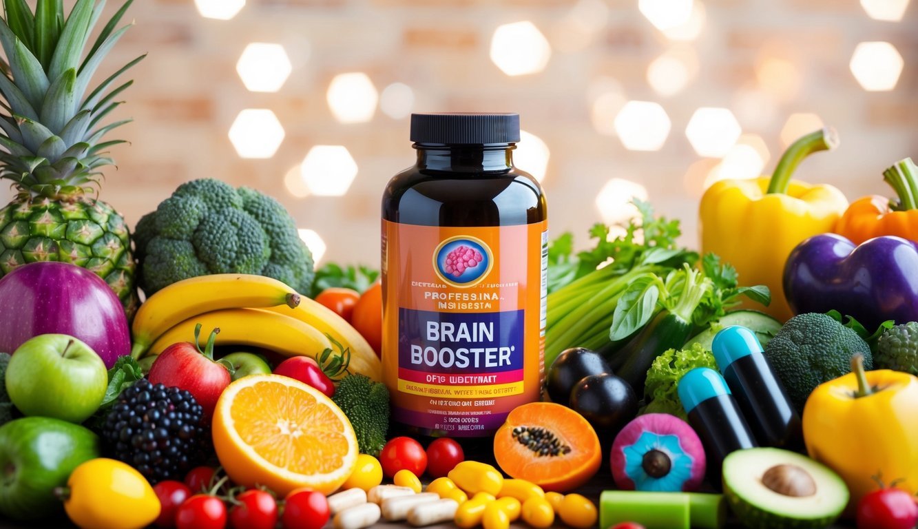 A colorful array of fruits, vegetables, and exercise equipment arranged around a bottle of brain booster supplement