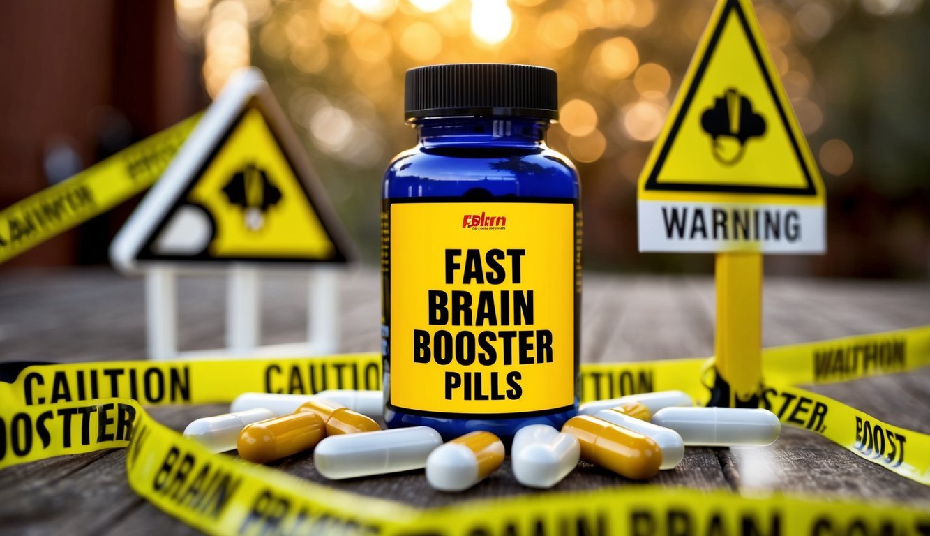 A bottle of fast brain booster pills surrounded by warning signs and caution tape